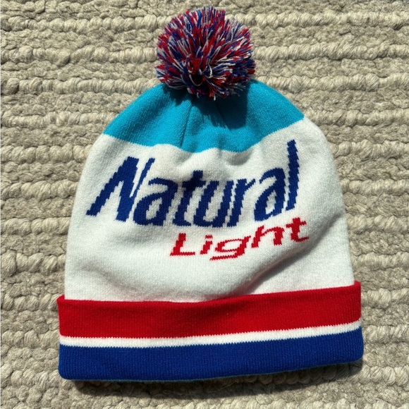 NWOT Natural Light Beer Men’s Beanie Red/White/Blue Pom One Size - Picture 2 of 8